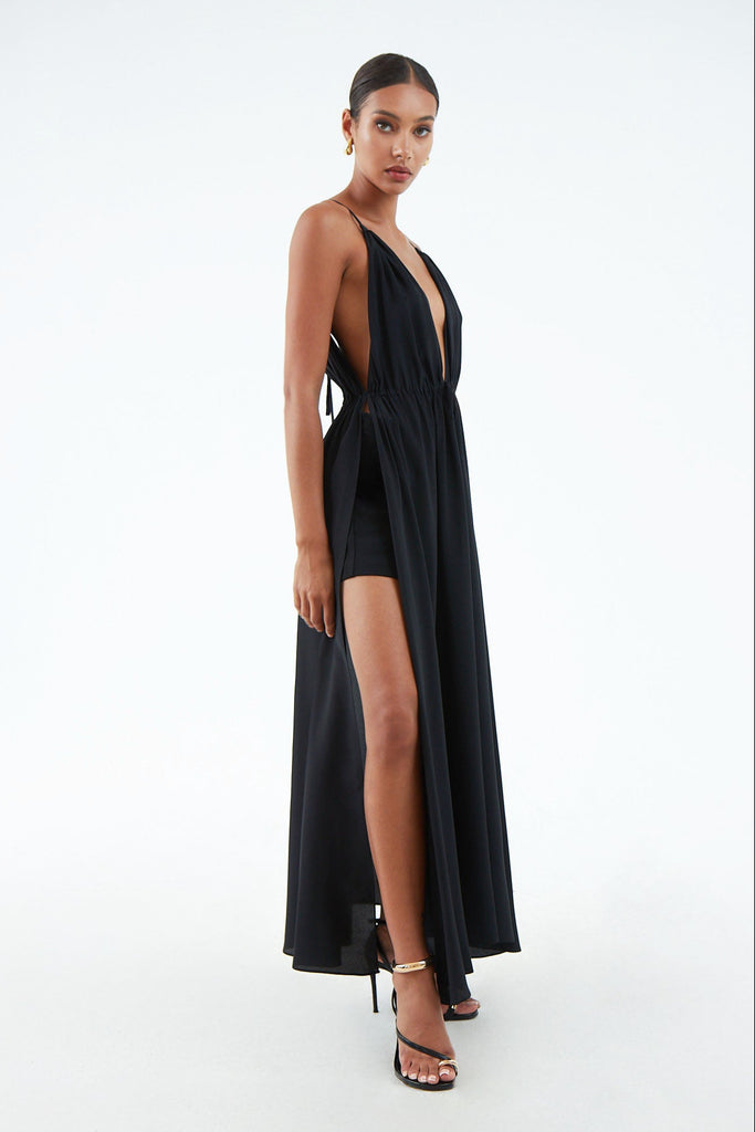 long black goddess silk dress with top to bottom side and back slits, thin adjustable shoulder straps, worn over black lace lingerie