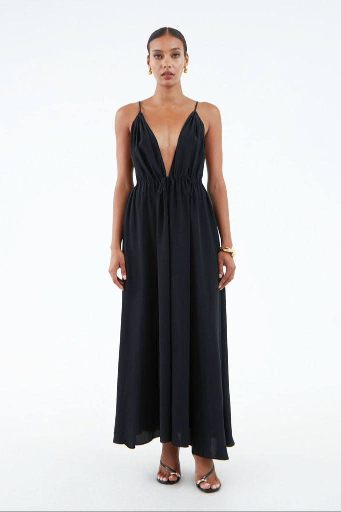 long black goddess silk dress with top to bottom side and back slits, thin adjustable shoulder straps, worn over black lace lingerie