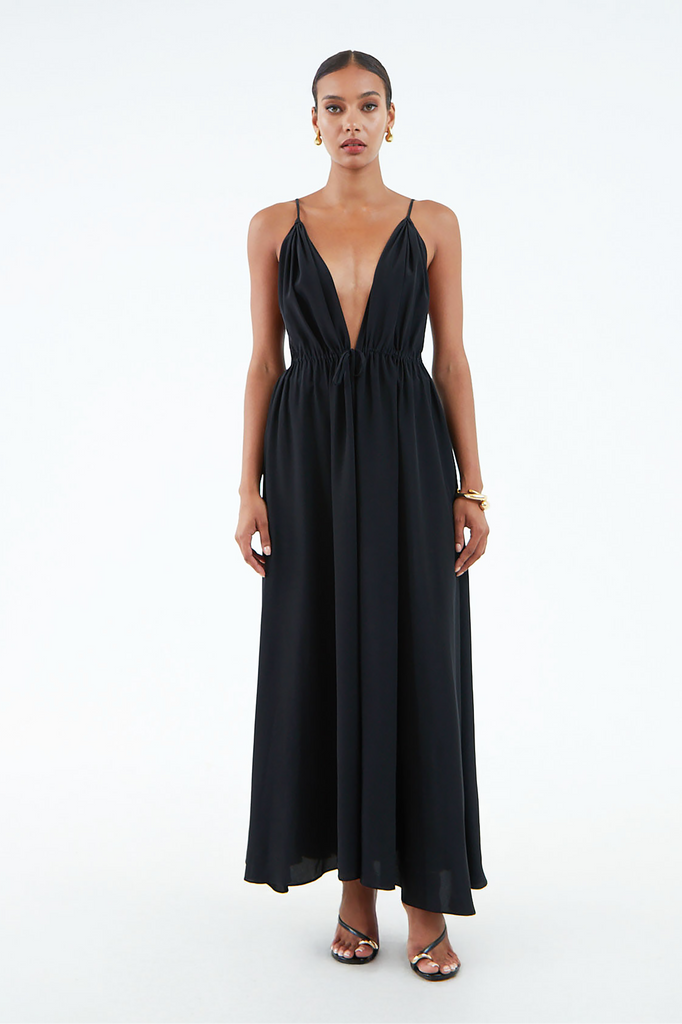 long black goddess silk dress with top to bottom side and back slits, thin adjustable shoulder straps, worn over black lace lingerie