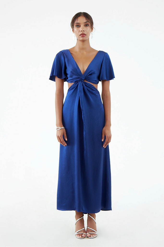 Long navy blue silk dress with short flared sleeves, low V neck, and center front twist with exposed waist sides