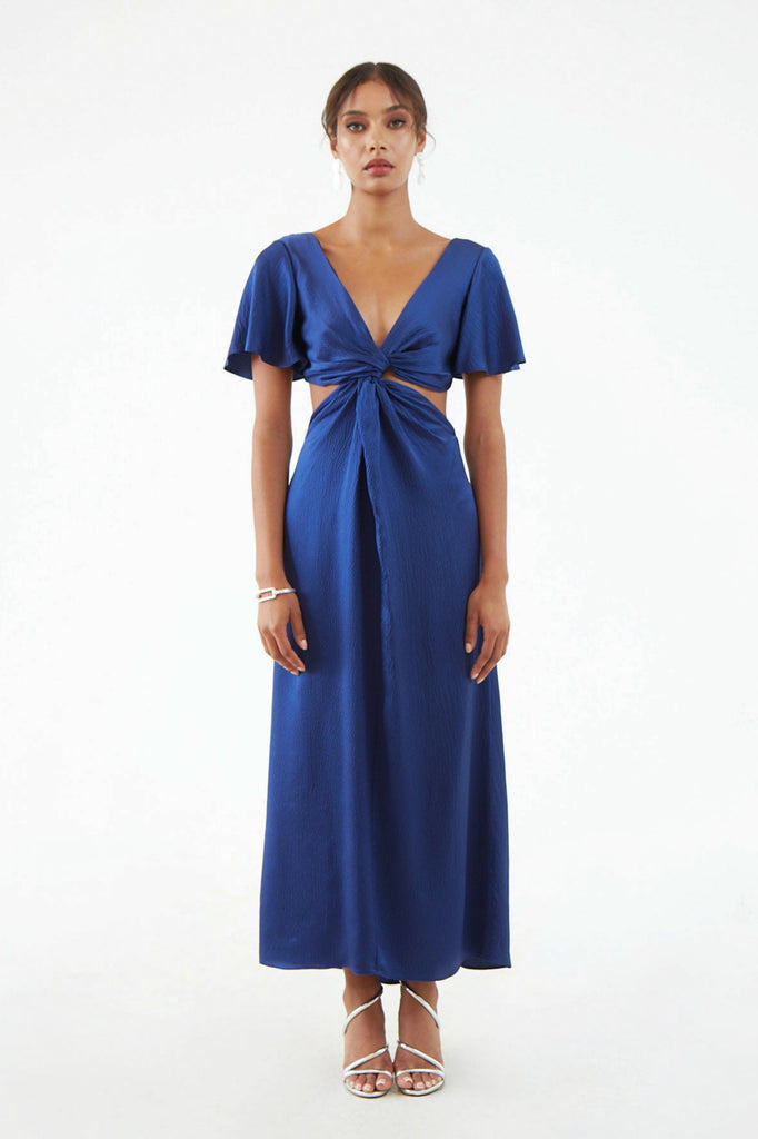Long navy blue silk dress with short flared sleeves, low V neck, and center front twist with exposed waist sides