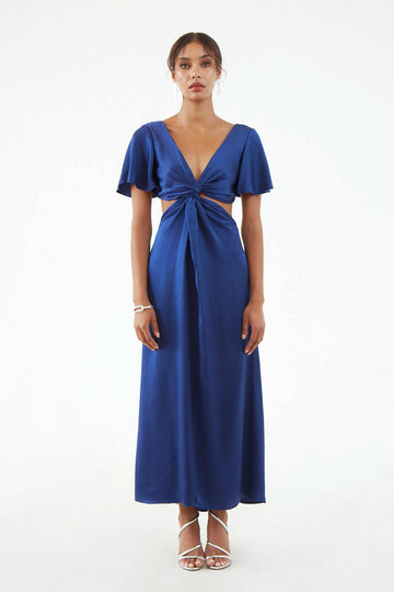Long navy blue silk dress with short flared sleeves, low V neck, and center front twist with exposed waist sides